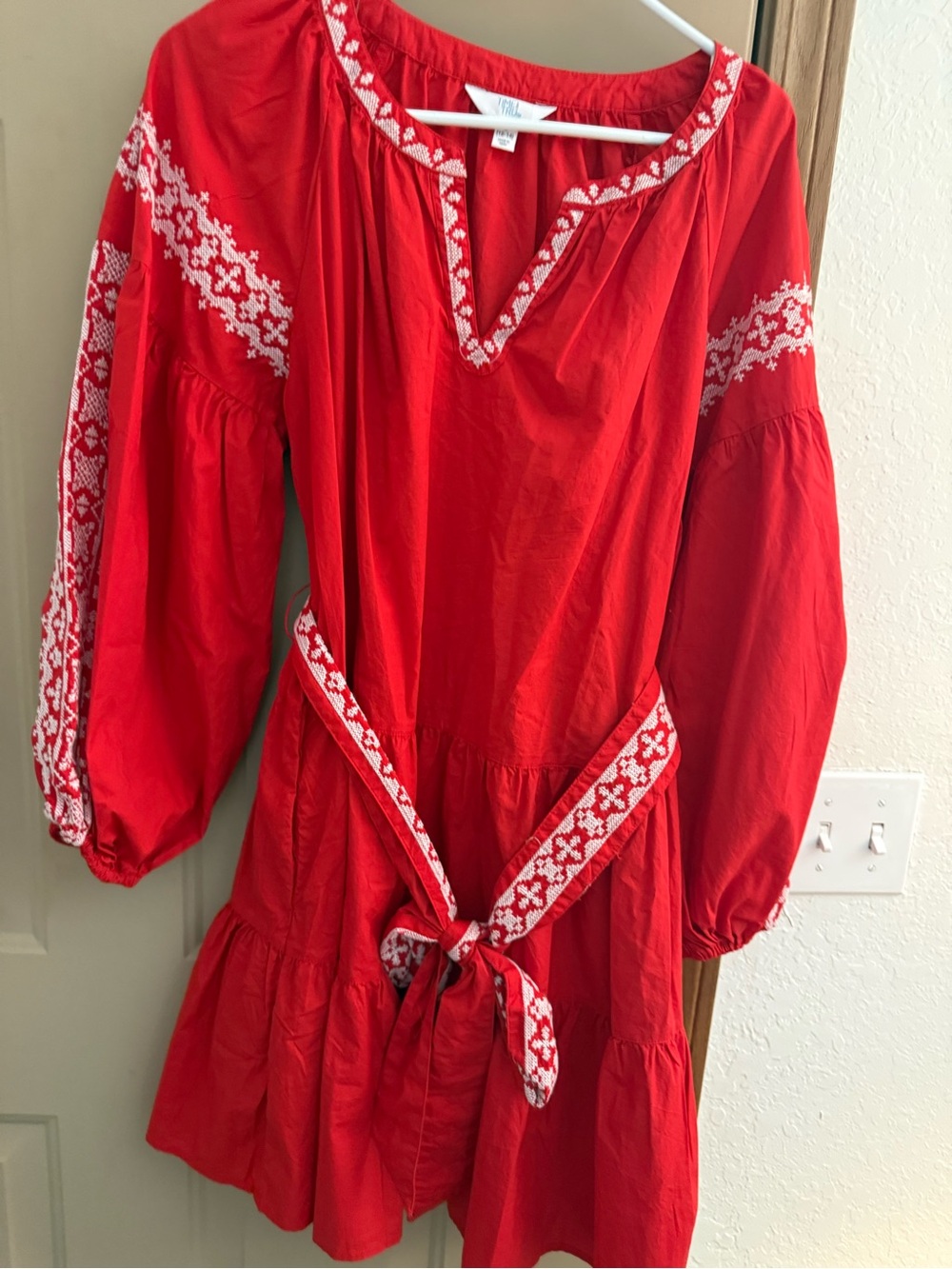 Time and Tru Red Embroidered Waist-Tie Tiered Tunic Dress